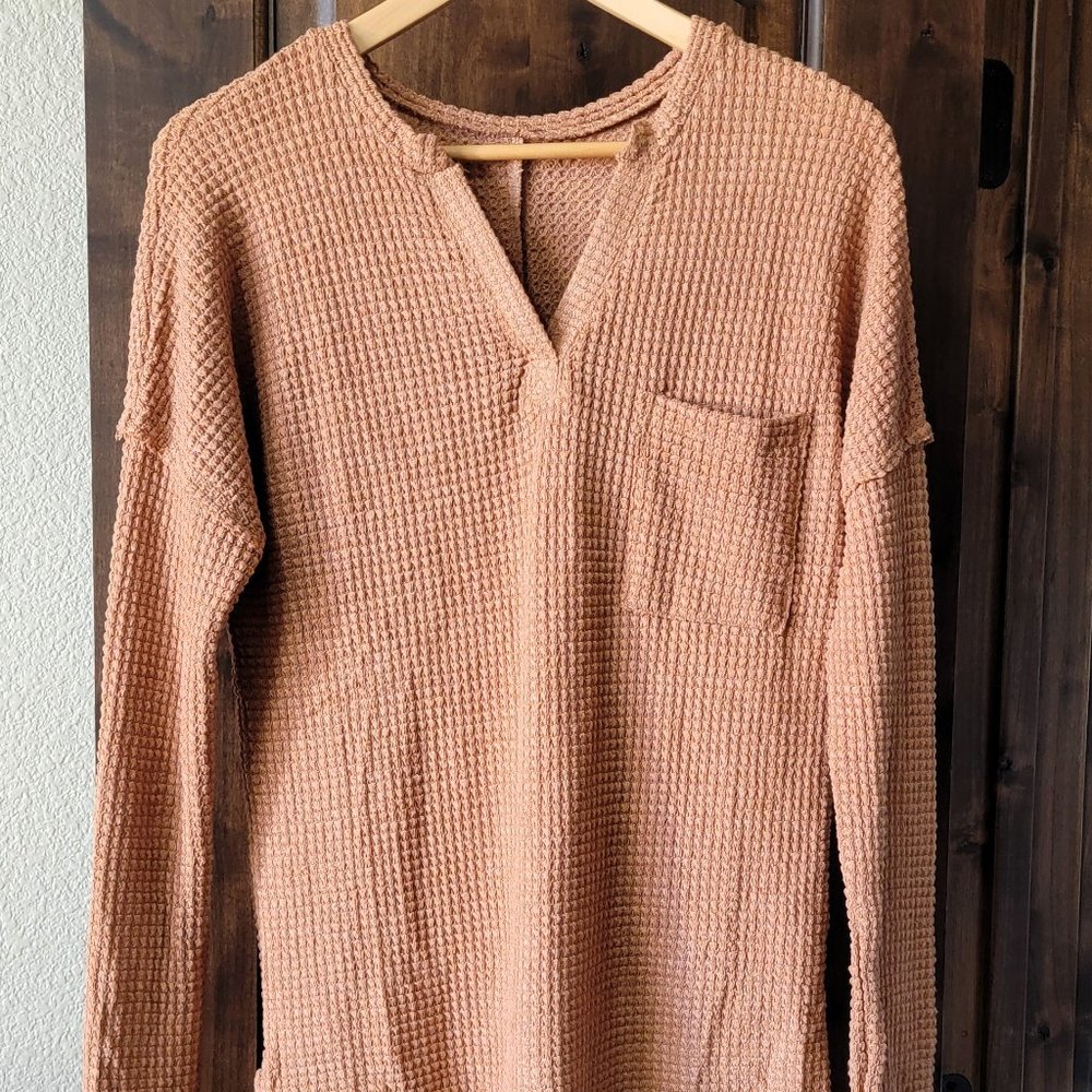 Long sleeve waffle v-neck shirt